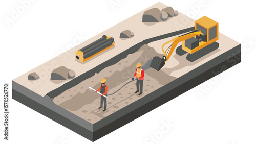 Isometric view of construction site with workers excavator and pipe laying in a trench scene design