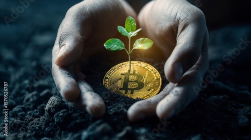 Hands cupping soil with a bitcoin and sprouting plant.