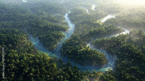 This image captures a stunning aerial view of a river meandering through a lush, dense, and expansive green forest, with sunlight filtering through the trees.