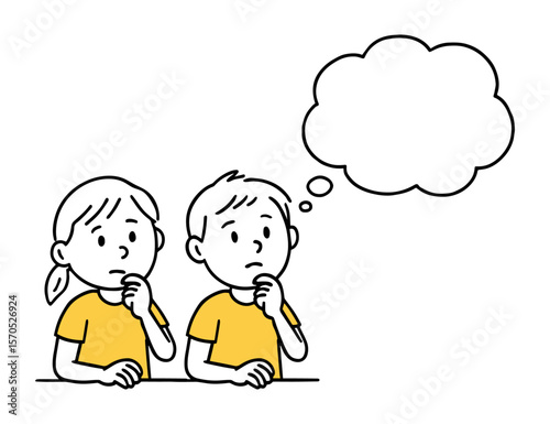 Boy And Girl Thinking with Empty Thought Bubble. Brainstorming, Imagination, Idea Concepts, Creativity. Hand-Drawn Doodle Style Vector Illustration