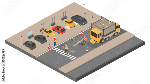 Isometric view of road repair scene with workers, truck, cones, and parked cars on a city street area