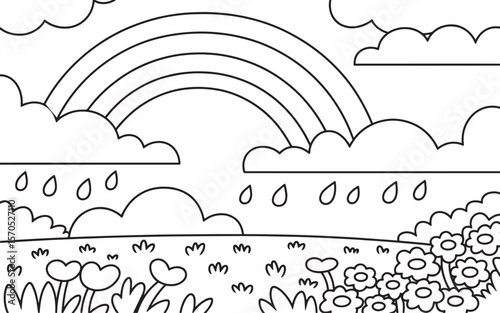 Floral Landscape with Rain and Rainbow Nature Coloring Page for Children, Rainbow Over Flowers, Rain in Garden, Nature and Weather, Springtime Scene, Flower Field Rain