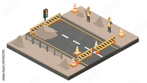 Isometric view of road construction site with workers traffic light and safety barriers cones and debris