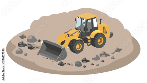 Illustration of a yellow loader on a sandy surface with rocks, featuring a front bucket and visible tires