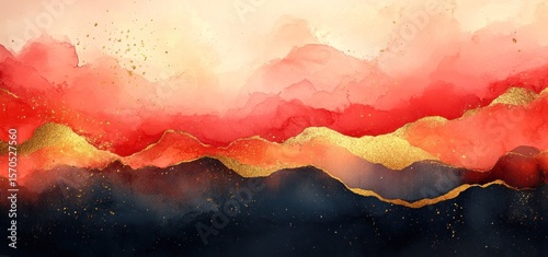 Abstract landscape painting with layers of color and gold