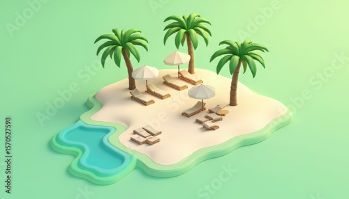 Tropical Island with Palm Trees and Beach Chairs