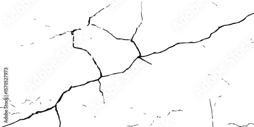 "High-contrast cracked wall texture with black fracture lines on a white background. Perfect for distressed effects, backgrounds, aged surfaces, grunge art, and abstract design elements"