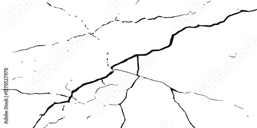 "High-contrast cracked wall texture with black fracture lines on a white background. Perfect for distressed effects, backgrounds, aged surfaces, grunge art, and abstract design elements"