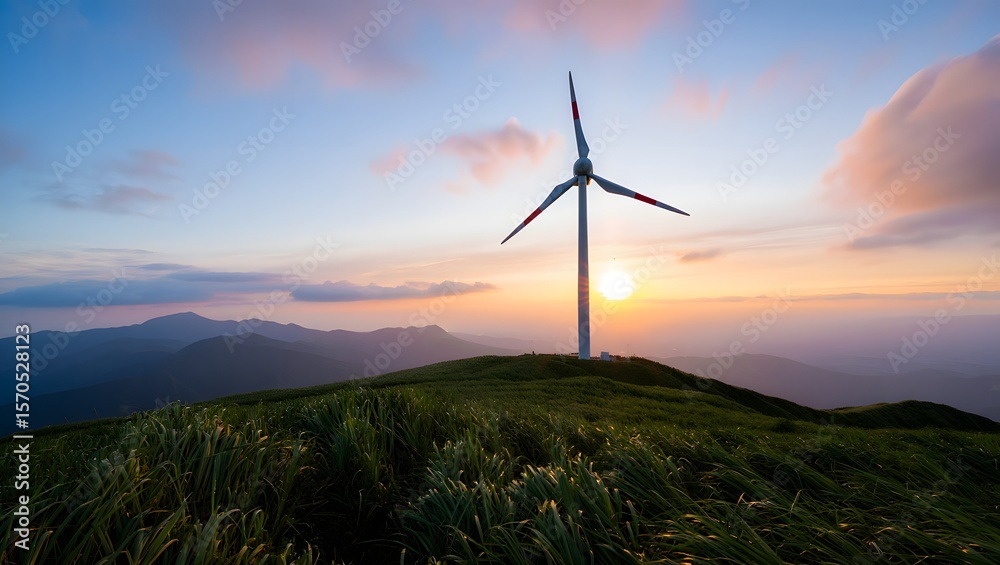 Obraz premium wind turbine on a green hill at sunset.