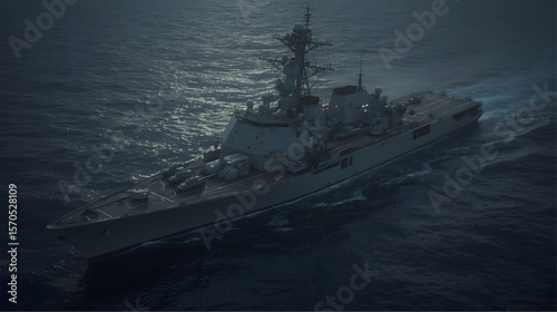 aval aircraft carrier cruising steadily through the open ocean. The massive warship is equipped with numerous military vehicles, including tanks and support equipment, strategically placed on its expa
