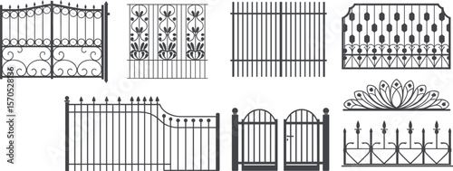 Elegant wrought iron fence vector collection, decorative metal gates, classic railing silhouettes, perfect for architecture, home entrance, and security design flat vector illustration