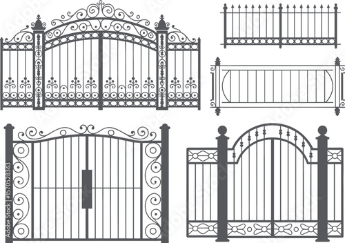Elegant wrought iron gate collection, vintage metal fence illustrations, decorative entrance designs, classic vector artwork for garden and architecture use flat vector illustration