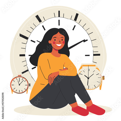 Smiling woman sitting cross legged beside large and medium wrist watches with oversized clock face background flat minimalist vector illustration of time concept and happiness