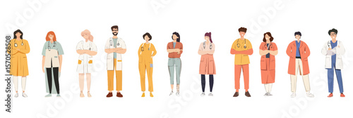 Diverse group of male and female medical staff standing in a row wearing uniforms including doctors, nurses, therapists, and surgeons in flat minimalist vector style illustration
