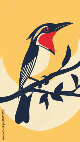Colorful decorative bird with red throat perched on branch minimalist flat vector illustration with yellow background nature wildlife avian design