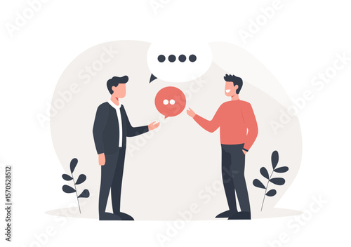 Two men having conversation with speech bubbles communication concept flat minimalist vector illustration in casual and business attire friendly discussion