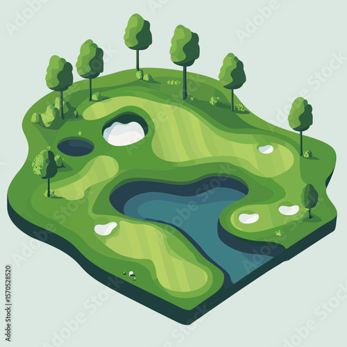 Isometric golf course landscape with water hazards sand bunkers trees and manicured fairways in minimalist flat vector style