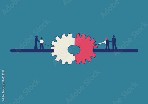 Conceptual teamwork connection illustrating diverse business people figures linking red and white cogwheel gears on balanced horizontal bar symbolizing partnership and collaboration efficiency