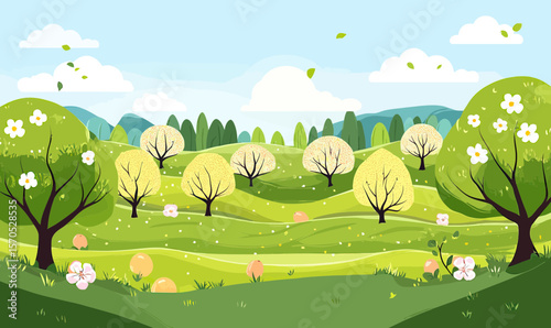 Vector illustration of rolling green hills with blossoming fruit trees, blooming flowers, and clear blue sky in flat minimalist style for spring orchard landscape design