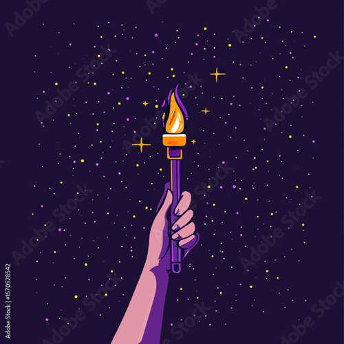 Hand holding burning torch with flame in starry night sky background glowing bright light vector illustration for inspiration and hope concept
