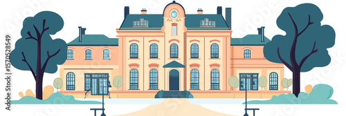 Elegant classic mansion building front view with symmetrical windows doors surrounded by trees and pathway in flat minimalist style vector illustration