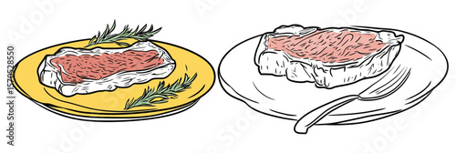 Hand drawn raw rib eye steak on plate with sprig herbs and knife illustrated in minimalist style for food cooking meat concept vector art design