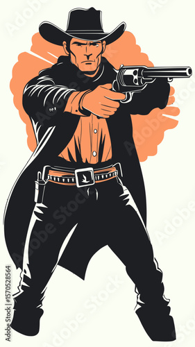 Retro cowboy with revolver gun aiming shooter vintage western style illustration in flat minimalist vector art design with orange background splash