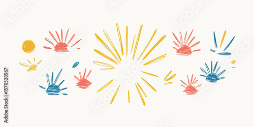 Hand drawn sunburst rays and shine doodle elements in red, yellow, and blue, isolated decorative burst lines for graphic design and headline frames, minimalist vector style