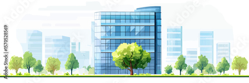 Modern glass office building surrounded by row of green trees with urban skyscrapers in background vector illustration of cityscape environment
