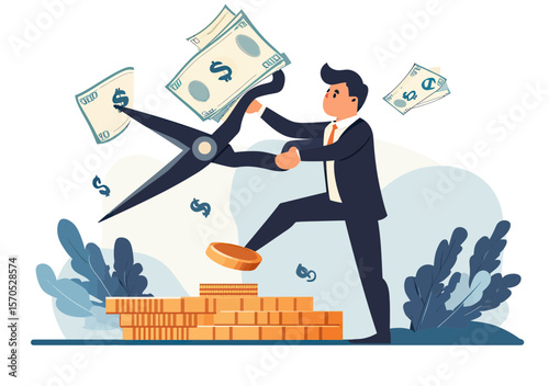 Businessman cutting expenses with giant scissors to reduce financial costs and increase profit concept with money and coins flat vector illustration