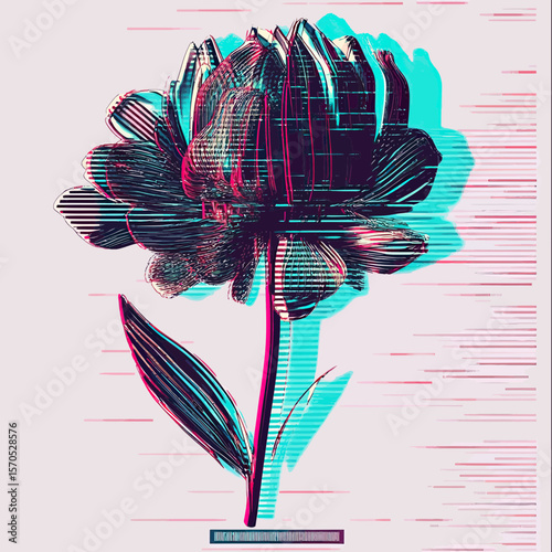 Glitch Art Stylized Digital Flower with Distorted 3D Anaglyph Effect and Horizontal TV Static Lines on Light Background