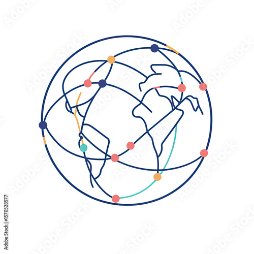 Stylized global network connection map with colorful nodes and curved lines representing worldwide communication and data exchange on white background