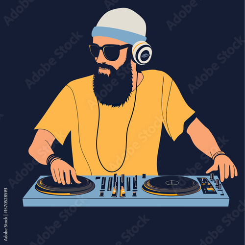 Hipster DJ with beard wearing sunglasses and headphones mixing music on turntables in flat minimalist vector style with dark background and yellow shirt
