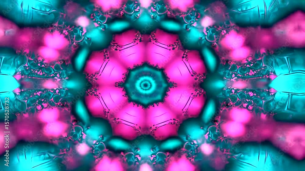 Vibrant kaleidoscopic pattern featuring turquoise and pink symmetrical shapes in abstract design