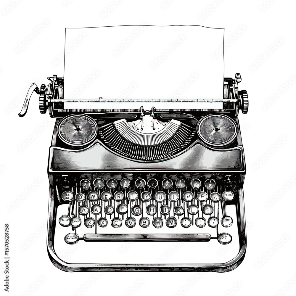 Vintage typewriter with blank paper sheet detailed black and white sketch top view old mechanical writing machine illustration isolated on white background with keyboard and platen roller