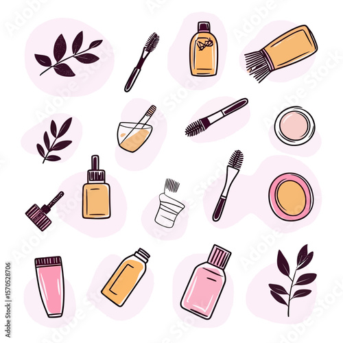 Hand drawn beauty cosmetic product doodles with cream jars, brush, bottles and leaves in minimalist flat vector style for makeup and skincare design elements collection