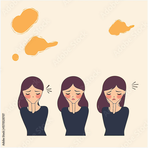 Set of three flat minimalist vector illustrations of a girl expressing sadness and emotional discomfort with closed eyes and hands on cheeks in black clothing on beige background