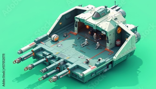 Isometric Spaceship with Astronauts and Robot on Green Background