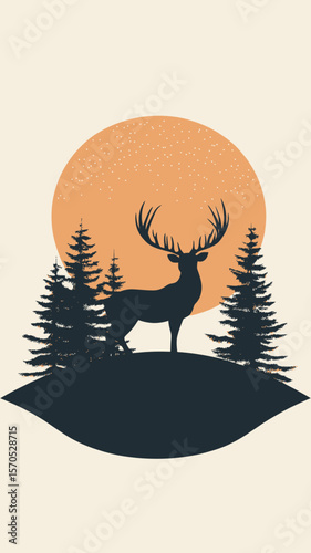Silhouette of stag deer standing on hilltop surrounded by pine trees with large orange sun and starry sky background minimalist nature landscape vector illustration