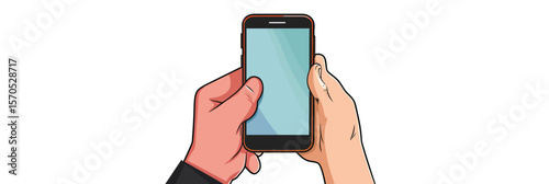 Close up of two diverse hands holding smartphone with blank screen isolated on white background digital device communication concept vector illustration