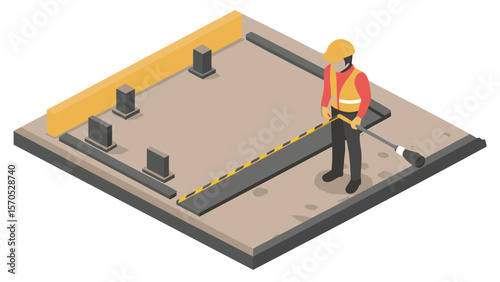 Isometric view of construction worker sealing a section of pavement with safety barriers around it