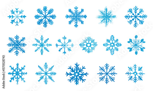 Set of sixteen different blue snowflake icons with unique geometric patterns in flat minimalist vector style isolated on white background winter season design elements collection