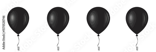 Set of four black balloons isolated on white background with reflective highlights and curled strings in minimalist flat vector style illustration