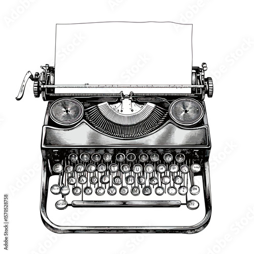 Vintage typewriter with blank paper sheet detailed black and white sketch top view old mechanical writing machine illustration isolated on white background with keyboard and platen roller