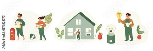 People practicing sustainable living by reducing energy consumption at home using energy saving light bulbs and unplugging appliances in minimalist flat vector style