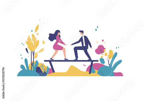Businesswoman and businessman balancing on seesaw handshake teamwork equality partnership flat design concept with colorful plants background vector illustration