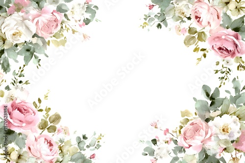
Watercolor floral border, pale pink roses and pastel greenery, white background, clip art style, white space in the center of the composition