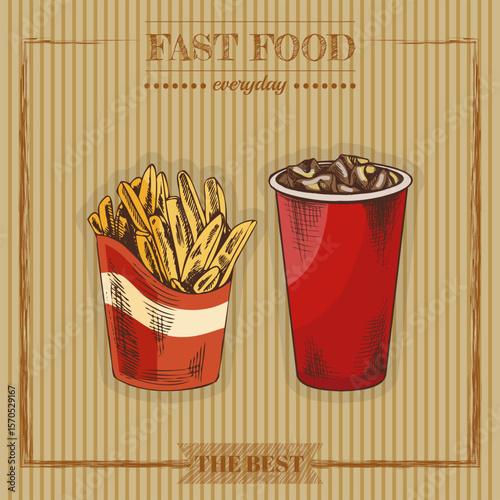 Hand drawn vintage illustration of french fries and cold soda in red cups on striped retro background