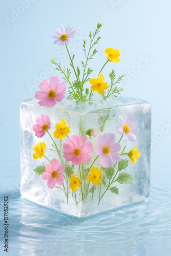 Pink and Yellow Flowers Frozen in an Ice Cube