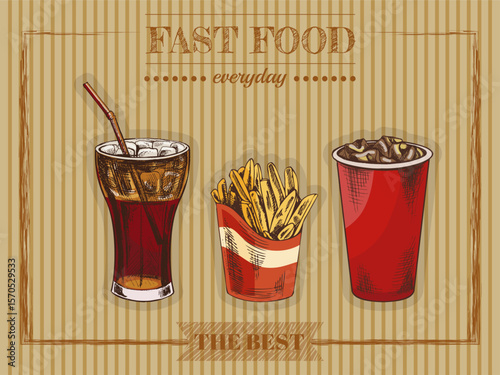 Hand drawn vintage illustration of soda drinks and french fries on retro striped background with fast food label